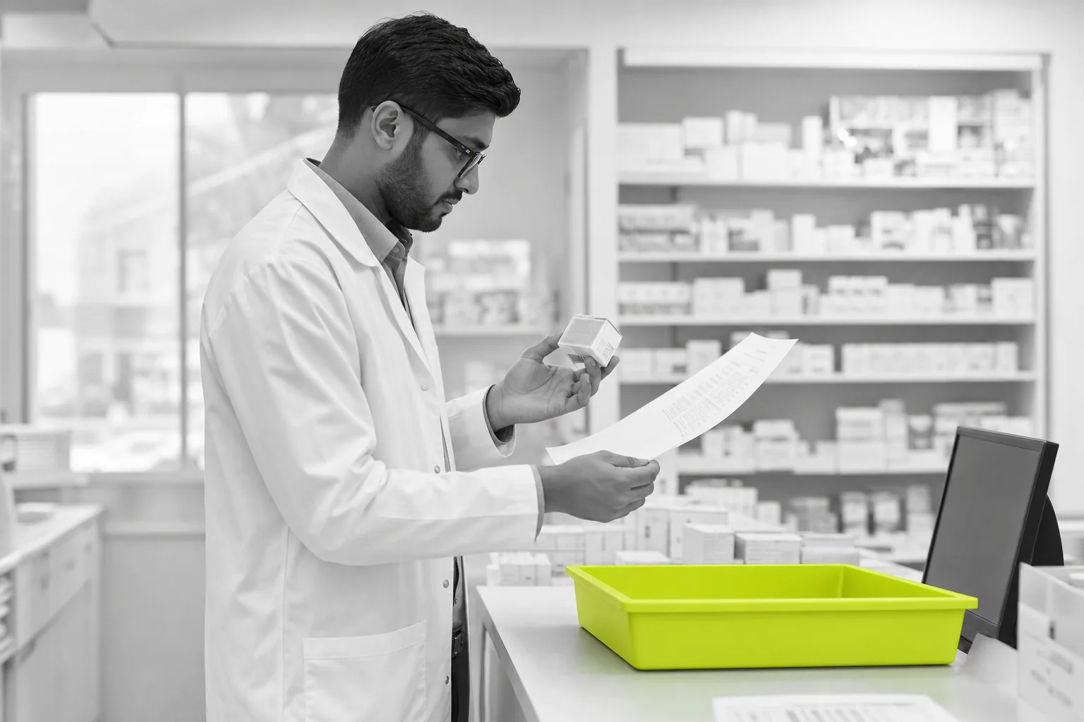 Pharmacist reviewing a medicine delivery at a community pharmacy counter
