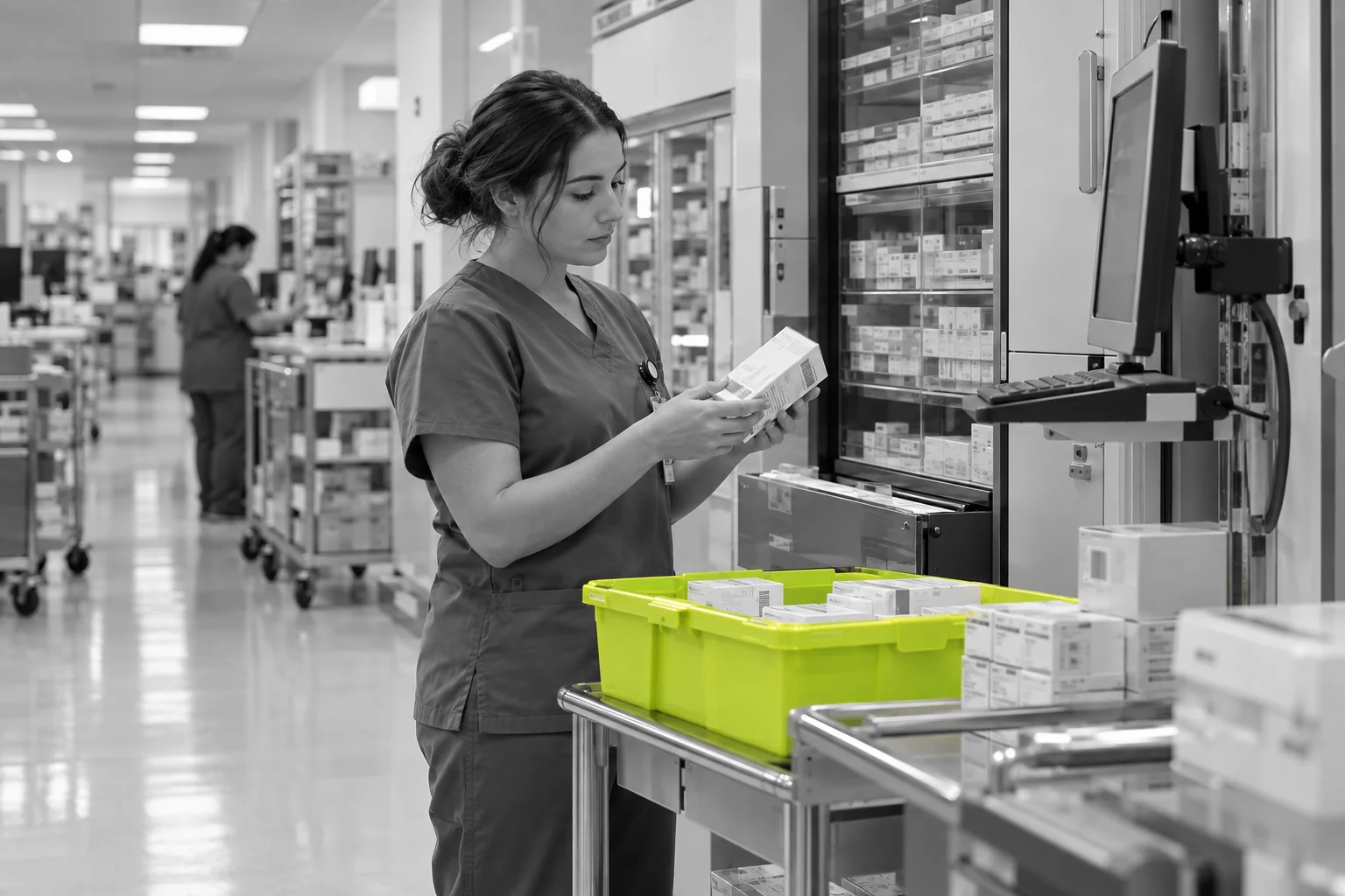 Hospital pharmacy technician reviewing a medicine delivery beside a dispensing cabinet
