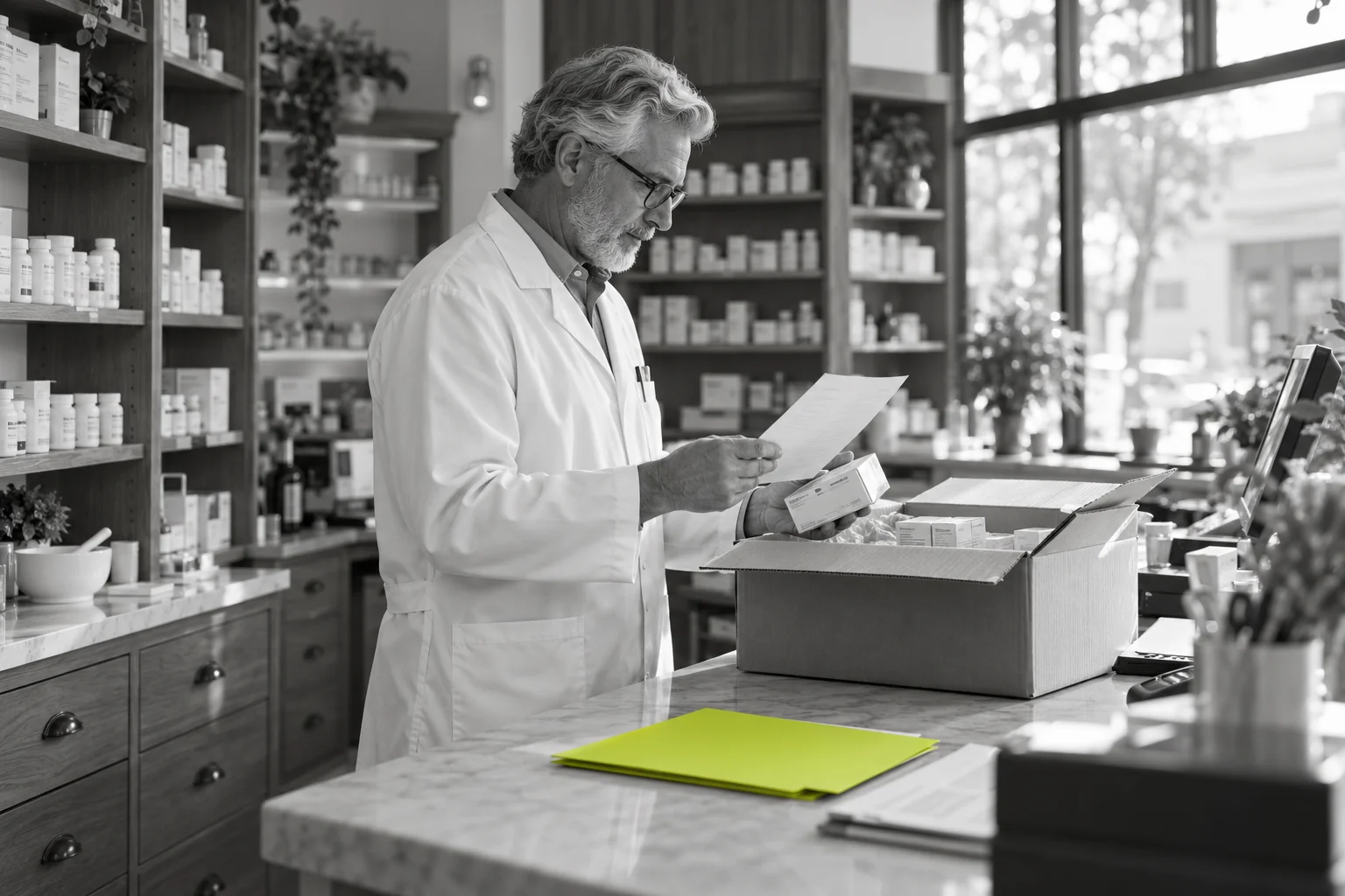Independent pharmacy owner checking a delivery against its packing slip