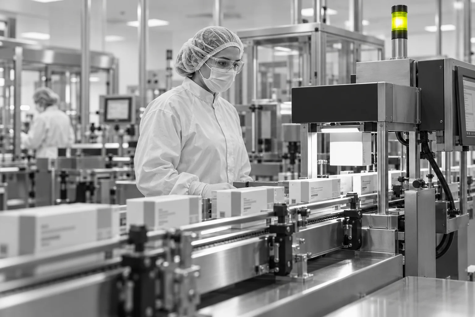 Cleanroom technician monitoring a pharmaceutical packaging and inspection line