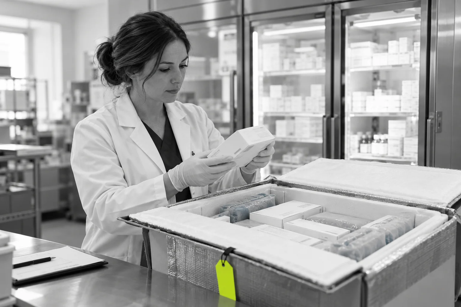 Specialty pharmacist inspecting medicines delivered in an insulated cold-chain shipper