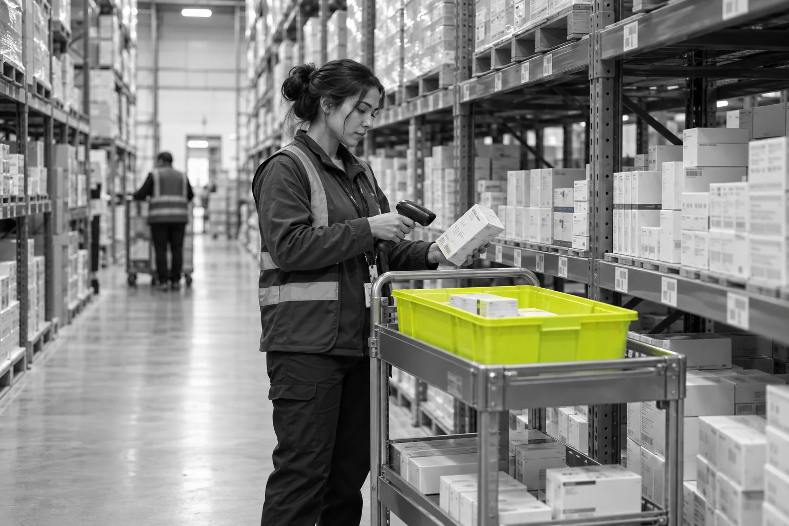 Wholesale distribution associate scanning a carton in a pharmaceutical warehouse